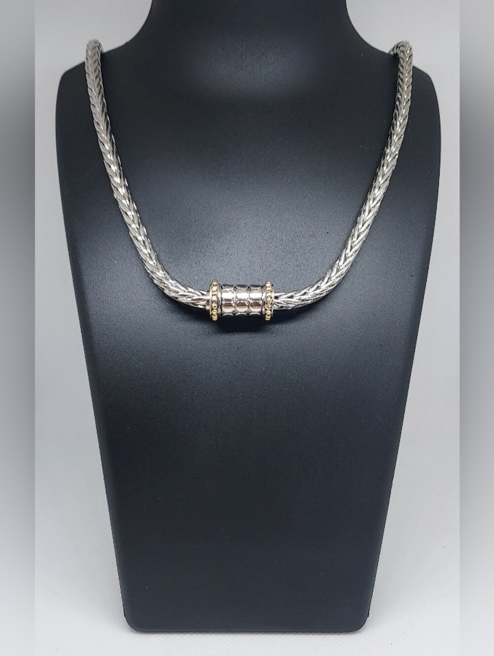 Vintage Necklace Silver/Gold Two-Tone Wheat Chain  with Cylindrical Bead NWOT